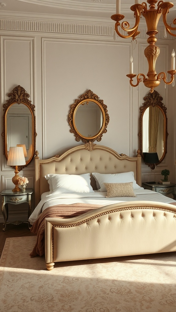 Elegant vintage-inspired bedroom with a beige bedframe, ornate mirrors, and a chandelier.