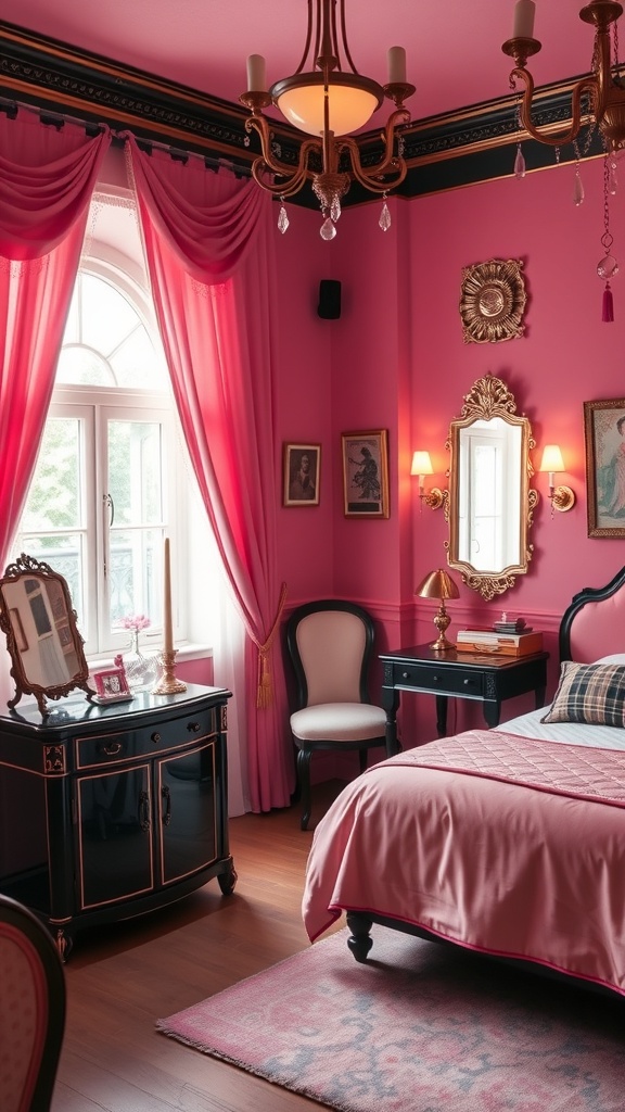 A vintage glam pink and black bedroom featuring elegant decor and a cozy atmosphere.