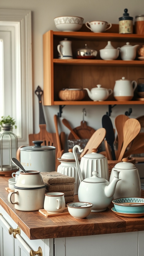 A cozy cottage kitchen with vintage accessories on a wooden countertop, including teapots, cups, and utensils.