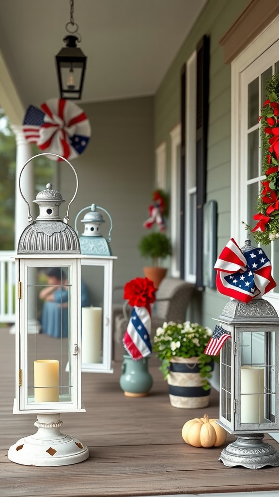 Vintage lanterns with red, white, and blue accents on a porch