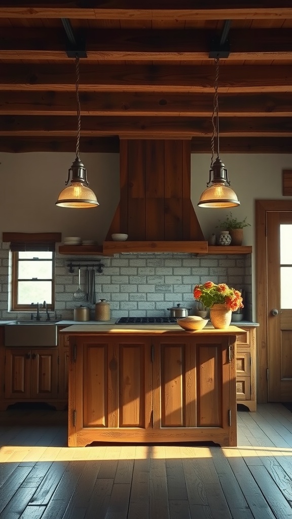 Rustic farmhouse kitchen with vintage pendant lighting over a wooden island