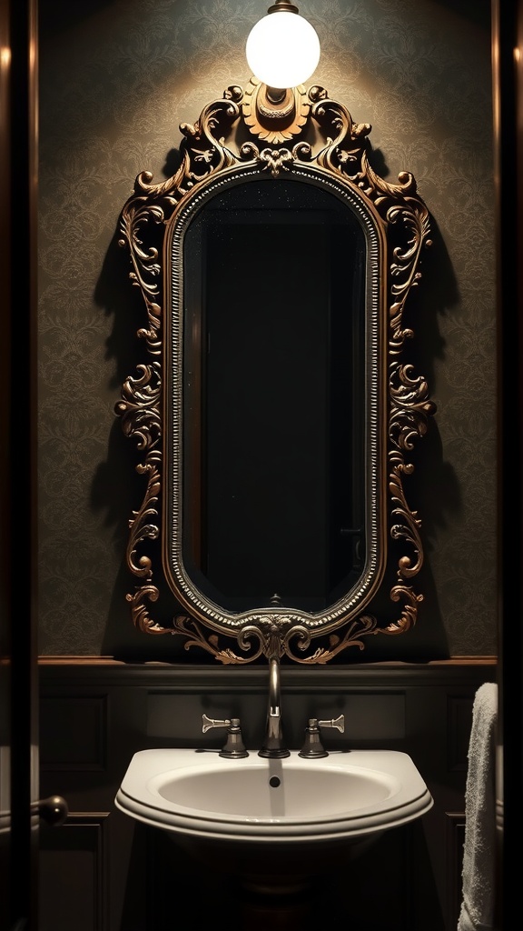 Vintage ornate mirror in a dark bathroom with soft lighting