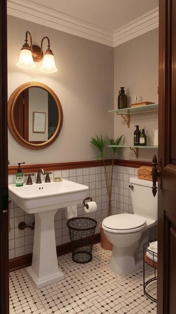 A stylish guest bathroom featuring vintage and modern design elements.