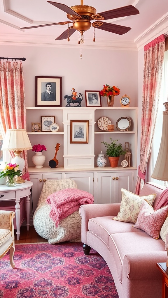 A vintage pink living room with a pink sofa, decorative cushions, and vintage accessories including framed photos and flowers.