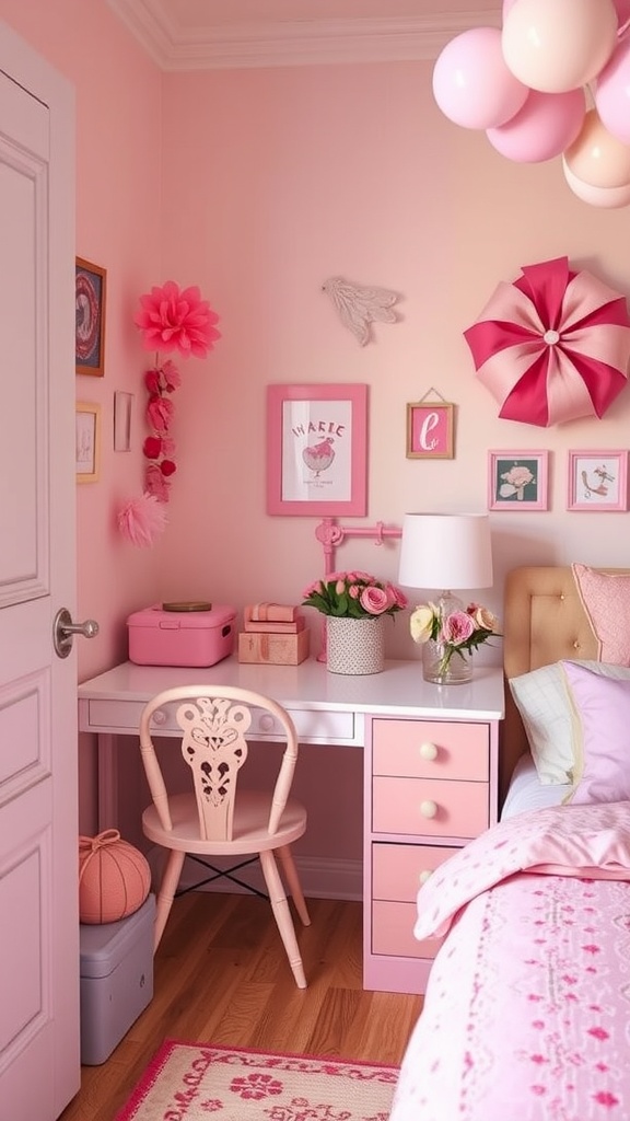 A girly pink bedroom featuring vintage accessories, a desk with a decorative chair, and charming pink decor.