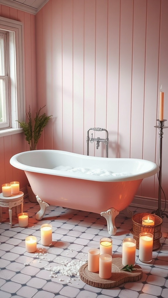 A vintage pink bathtub in a pastel bathroom, surrounded by candles and greenery.