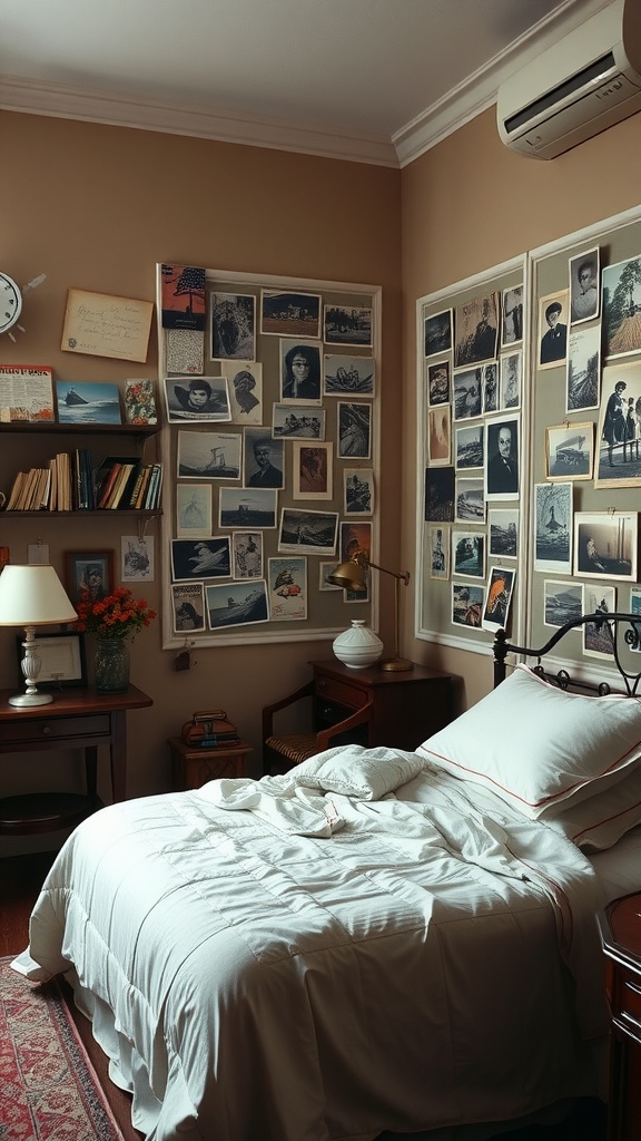 A cozy bedroom featuring a wall decorated with vintage postcards and photos.