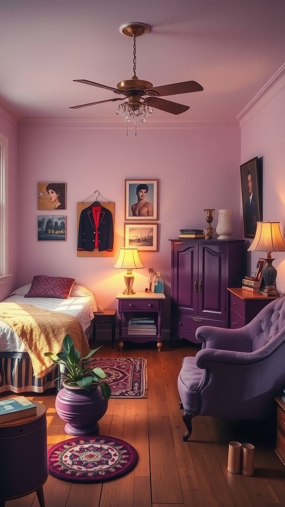 A vintage purple-themed bedroom with a cozy atmosphere, featuring purple furniture, warm lighting, and decorative elements.