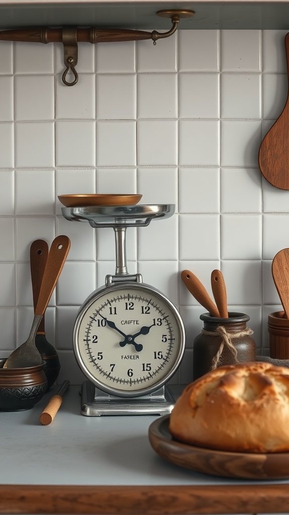A vintage kitchen scale surrounded by wooden utensils and a loaf of bread on a kitchen countertop