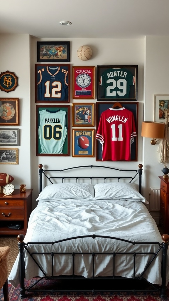 A bedroom featuring a vintage sports memorabilia display with framed jerseys and memorabilia on the wall.