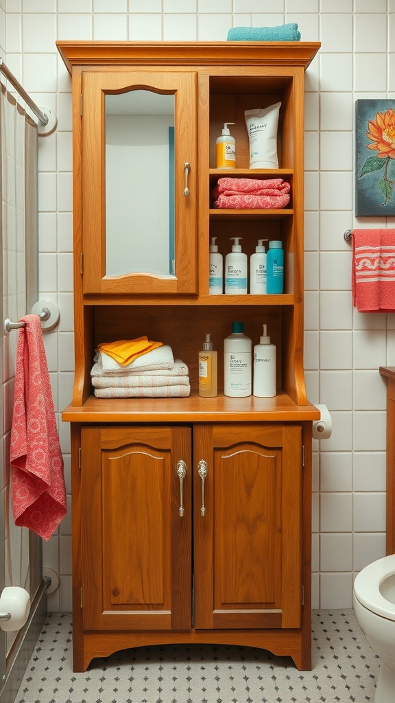 Wooden bathroom storage cabinet with towels and toiletries.