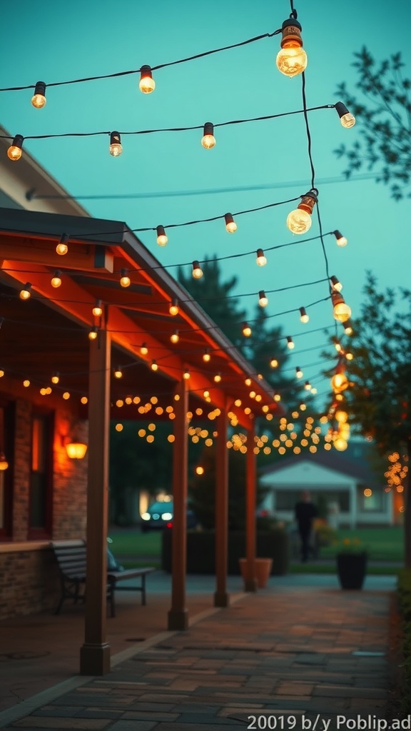 A covered patio with vintage string lights hanging overhead, creating a warm and inviting atmosphere.