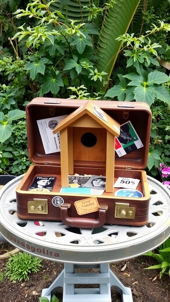 A vintage suitcase transformed into a birdhouse, featuring a wooden structure inside and decorated with small pictures.