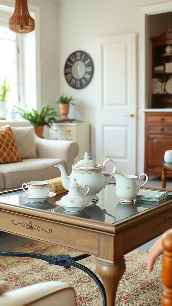 A vintage tea set displayed on a wooden coffee table in a cozy living room.