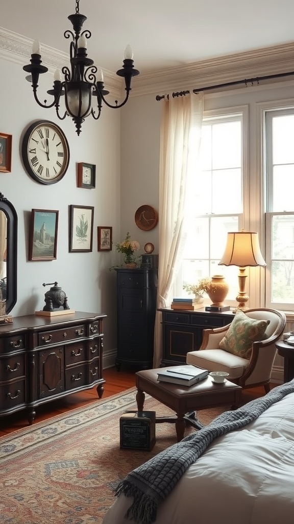 A vintage-inspired bedroom featuring dark wooden furniture, a patterned rug, and decorative wall art.