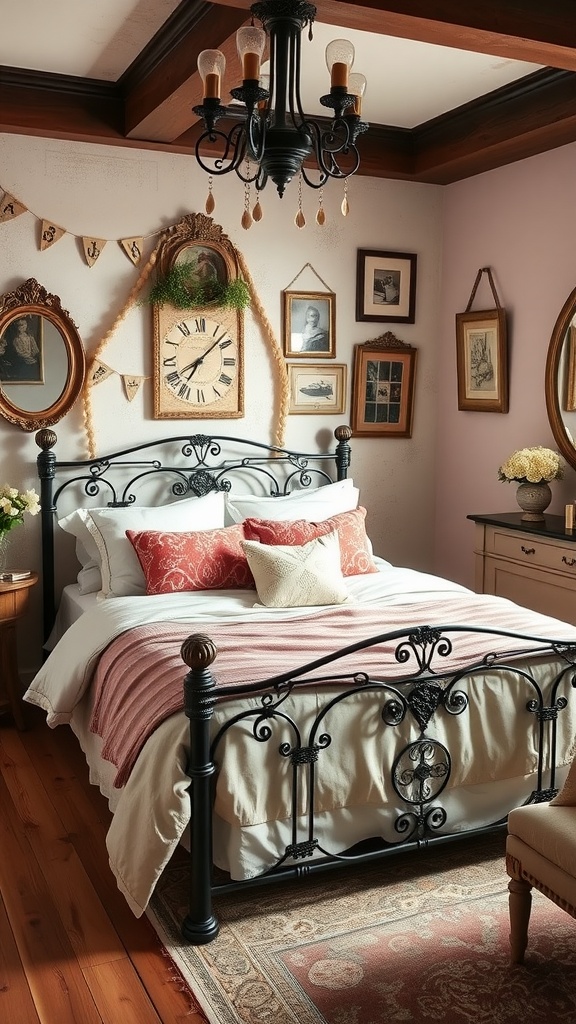 A vintage black four-poster bed with soft bedding and a chandelier above.