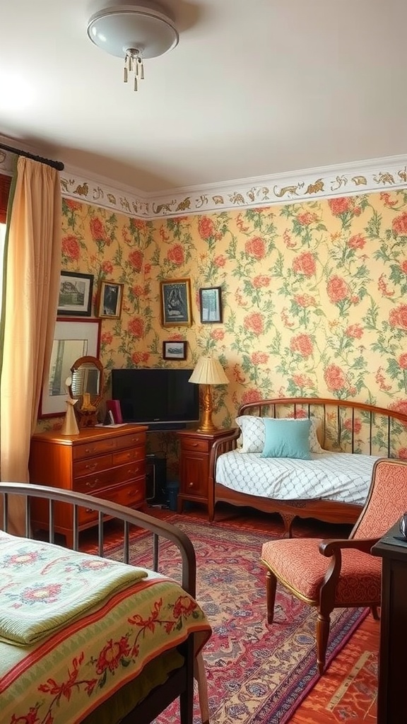 A vintage-themed bedroom with floral wallpaper, wooden furniture, and warm colors.