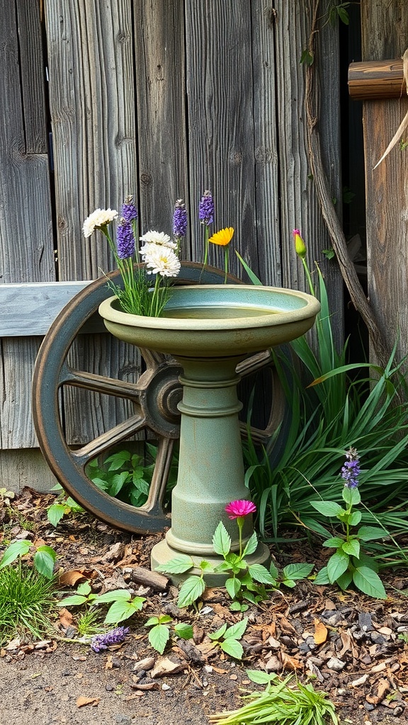 A vintage bird bath designed like an old wheel, surrounded by colorful flowers in a garden.