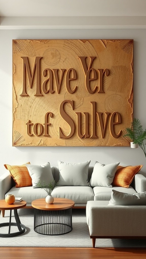 Textured wall art with the phrase 'Mave Yer tof Sulve' above a cozy living room sofa and decorative pillows.