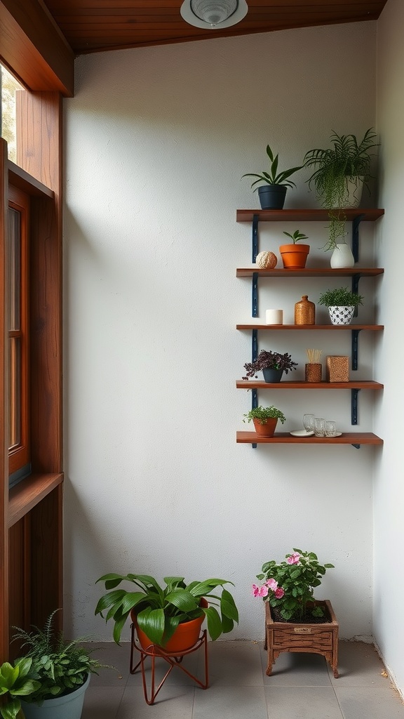 Wall-mounted shelves displaying plants and decorative items on a porch.