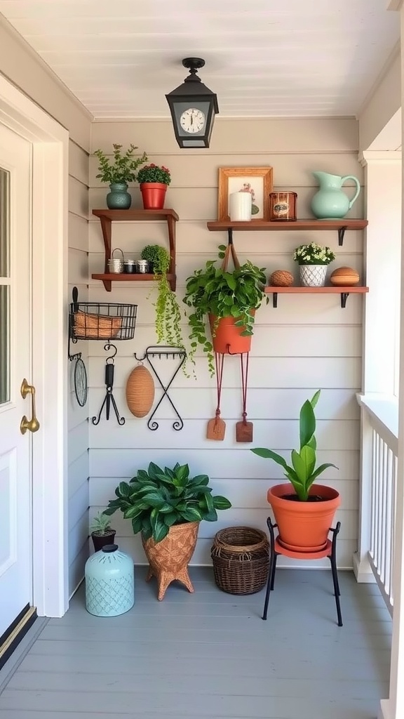 A small porch featuring wall-mounted shelves with plants, decorative items, a clock, and various storage solutions.