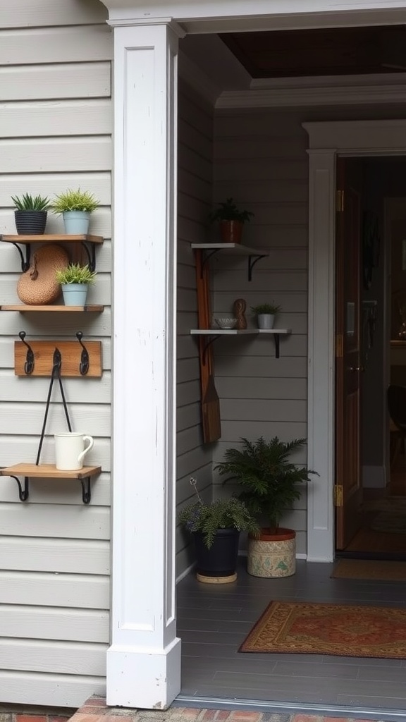 A small front porch with wall-mounted shelves displaying plants and decorative items.