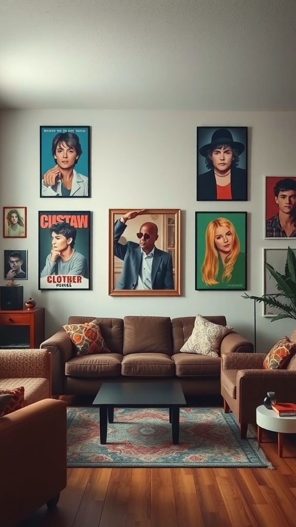 A 90s living room featuring various wall art and posters of celebrities, reflecting the decor style of the decade.