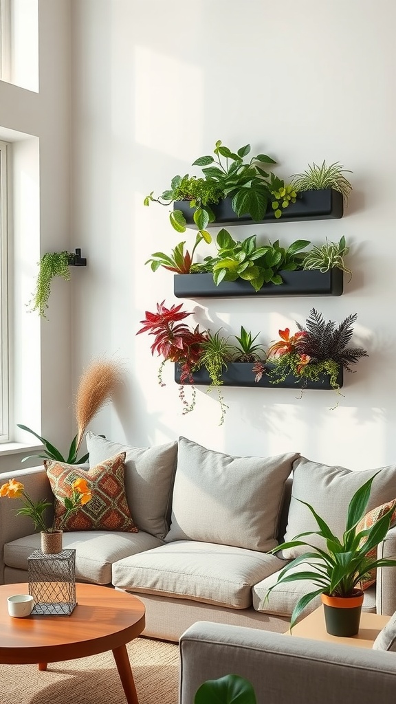 Living room featuring wall planters filled with lush green plants, a cozy sofa, and decorative pillows.