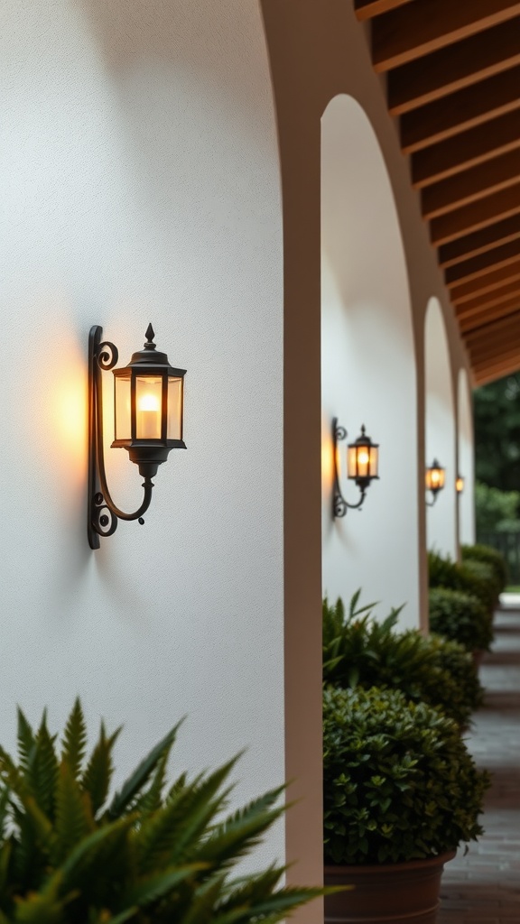 Wall sconces illuminating a covered patio with plants