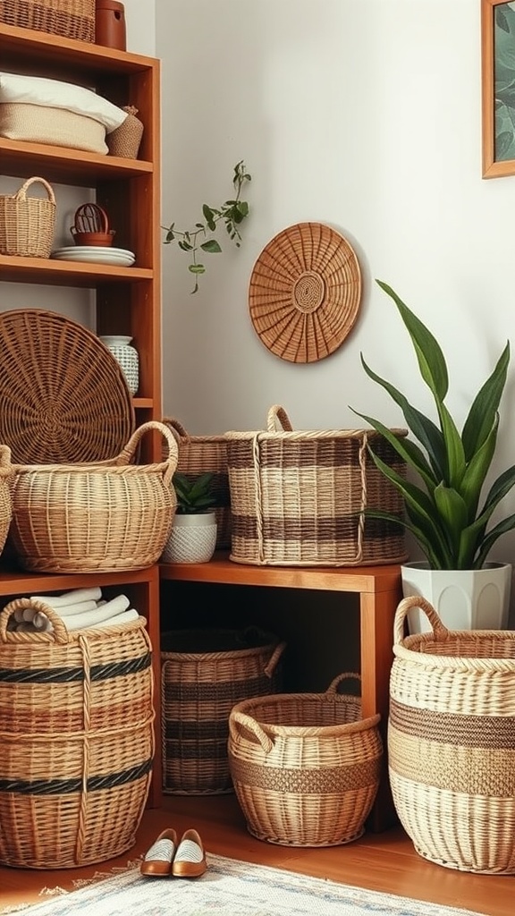 A cozy corner featuring a variety of woven baskets in a warm-toned apartment.