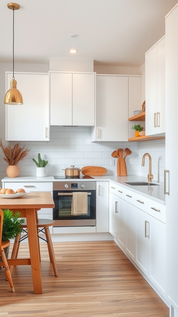 A bright white kitchen with wooden accents, featuring a dining table, golden pendant light, and green plants.