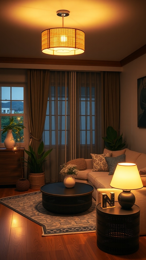 A cozy Korean living room with warm ambient lighting, featuring a stylish ceiling lamp and a side lamp illuminating a softly colored sofa and a round coffee table.