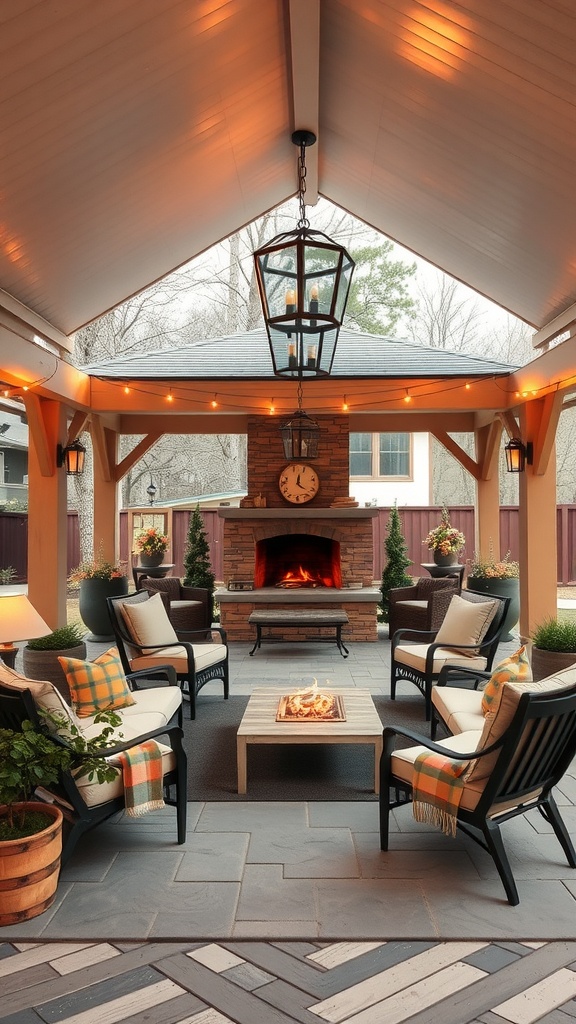 Cozy covered patio with fireplace, comfortable seating, and warm lighting.