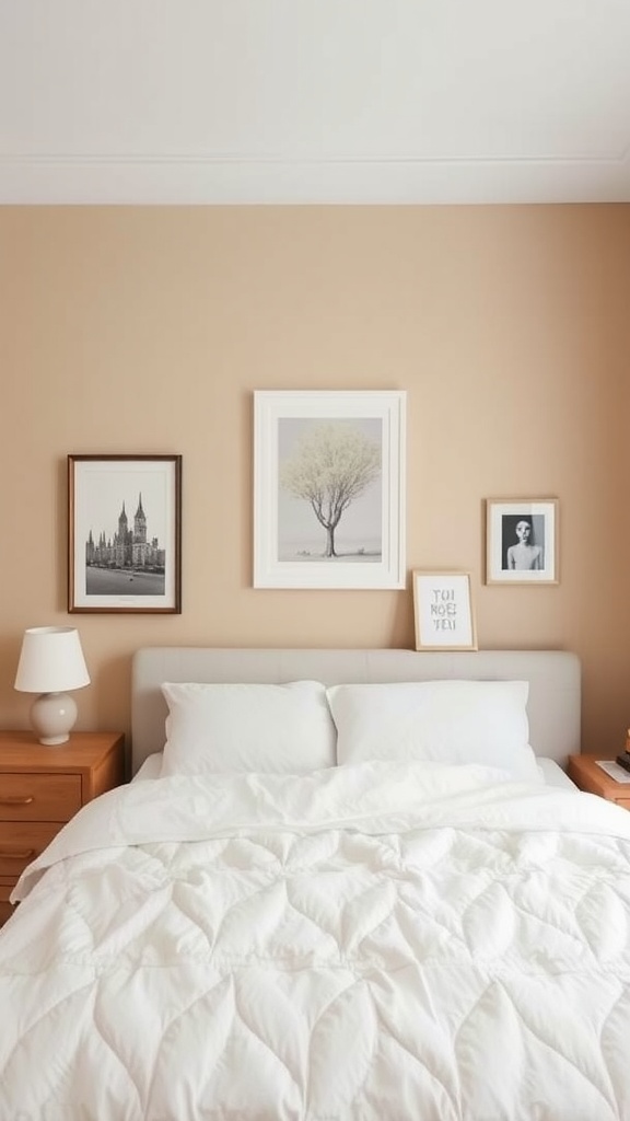 A cozy bedroom featuring a beige accent wall, white bedding, and framed art.