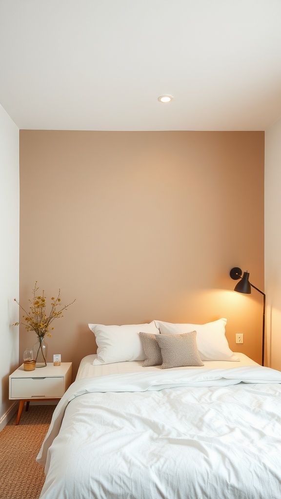A cozy bedroom with a warm beige accent wall, white bedding, and a bedside table with a lamp.