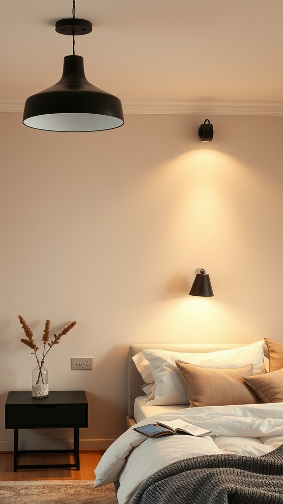 A cozy bedroom featuring warm beige lighting and black fixtures, with a comfortable bed and stylish decor.
