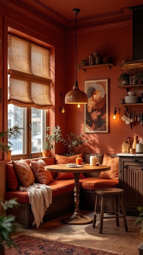 A cozy kitchen nook with warm orange walls, a round table, and comfortable seating.
