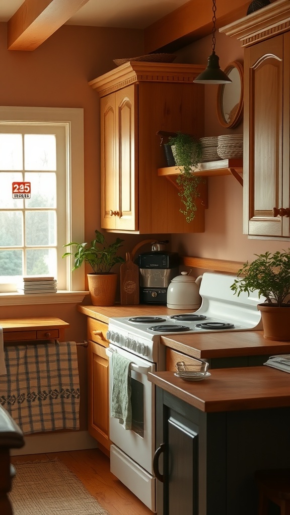 A cozy cottage kitchen with warm color palettes featuring wooden cabinets, a stove, and plants.