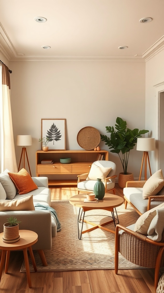 Cozy living room with warm color palette featuring soft beige walls, light wooden floors, and inviting decor.