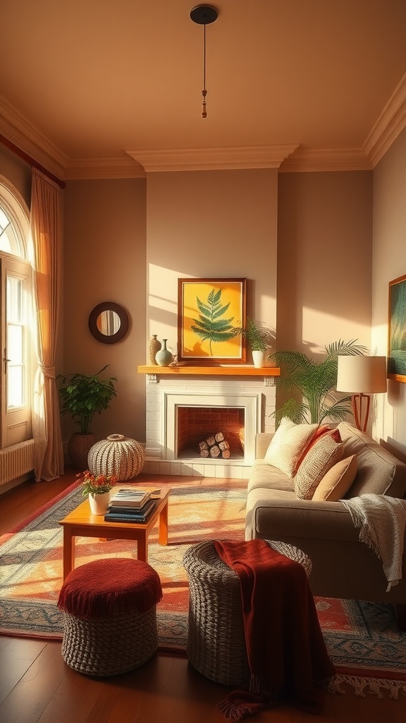 A cozy living room with warm color palettes, featuring beige walls, a plush sofa, and natural light.