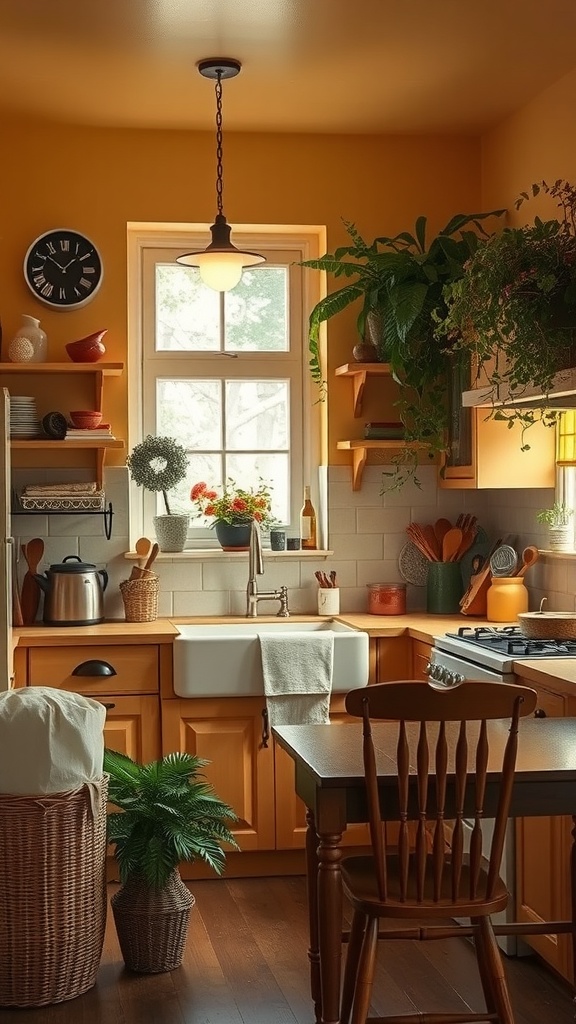 Cozy kitchen with warm yellow walls, wooden cabinets, plants, and a farmhouse sink.