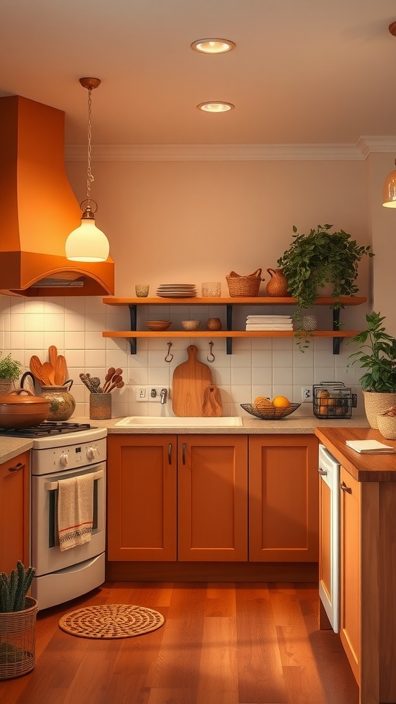 A cozy kitchen with warm orange tones, wooden accents, and plants, creating an inviting atmosphere.