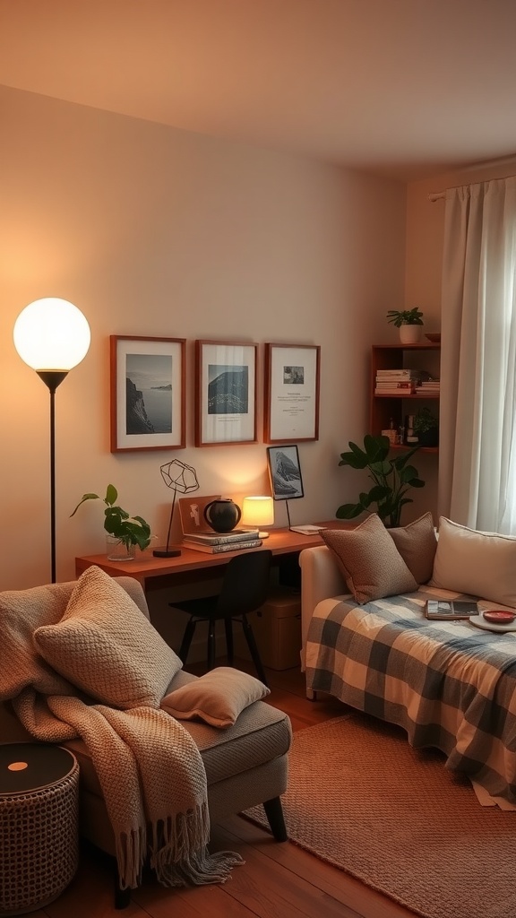 A cozy studio apartment featuring warm colors, soft lighting, and comfortable furniture.