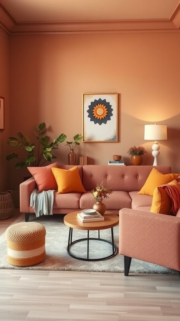 Cozy living room with warm color palette, featuring a peach wall, pinkish-orange sofa with orange pillows, wooden coffee table, and indoor plants.