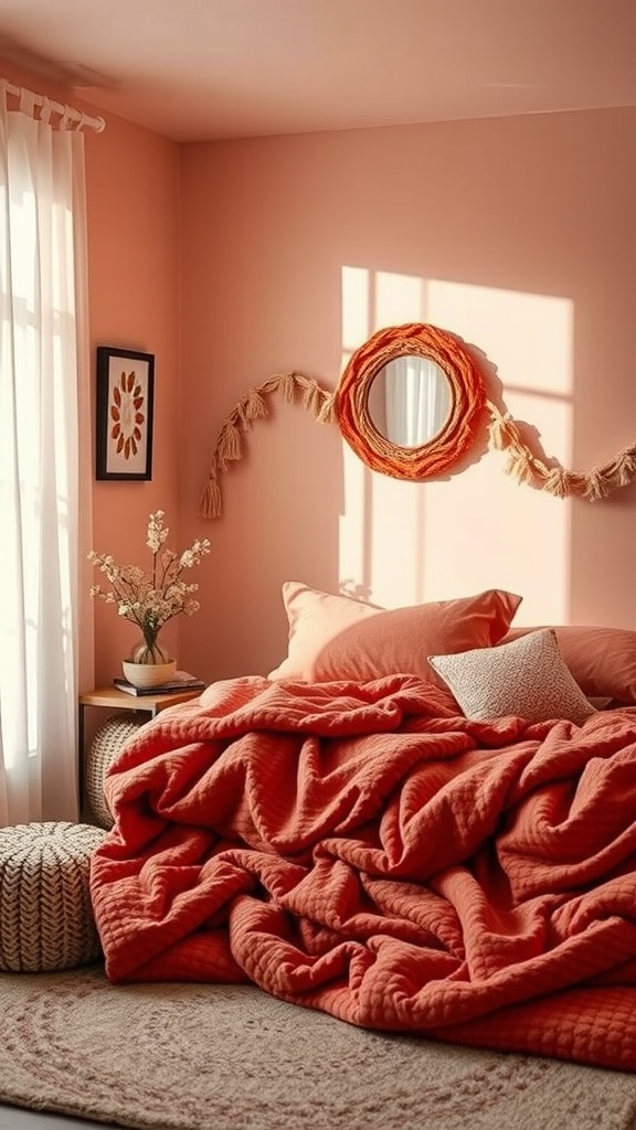 Cozy bedroom with warm color palette, featuring a plush bed, round mirror, and natural decor.