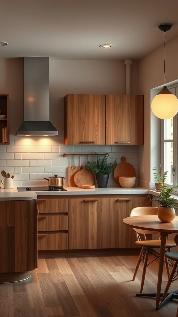 A modern cozy kitchen with warm wooden cabinets, a round table, and plants
