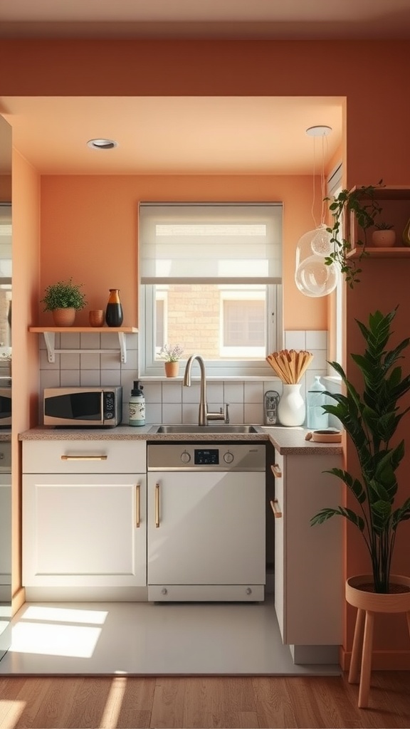 Cozy kitchen with warm orange walls, white cabinetry, and plants