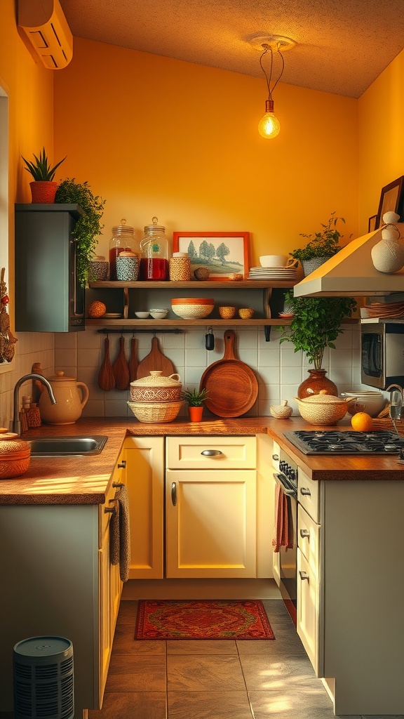 A small cozy kitchen with warm yellow walls, wooden countertops, and inviting decor.