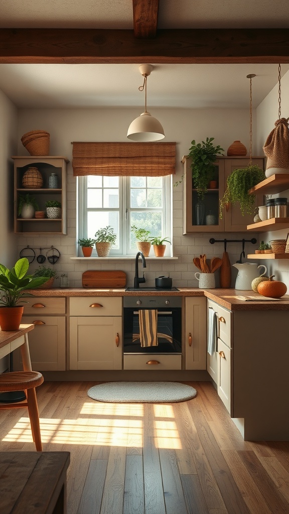 A farmhouse kitchen with warm earthy tones, featuring beige cabinets, wooden countertops, natural plants, and a sunny window.