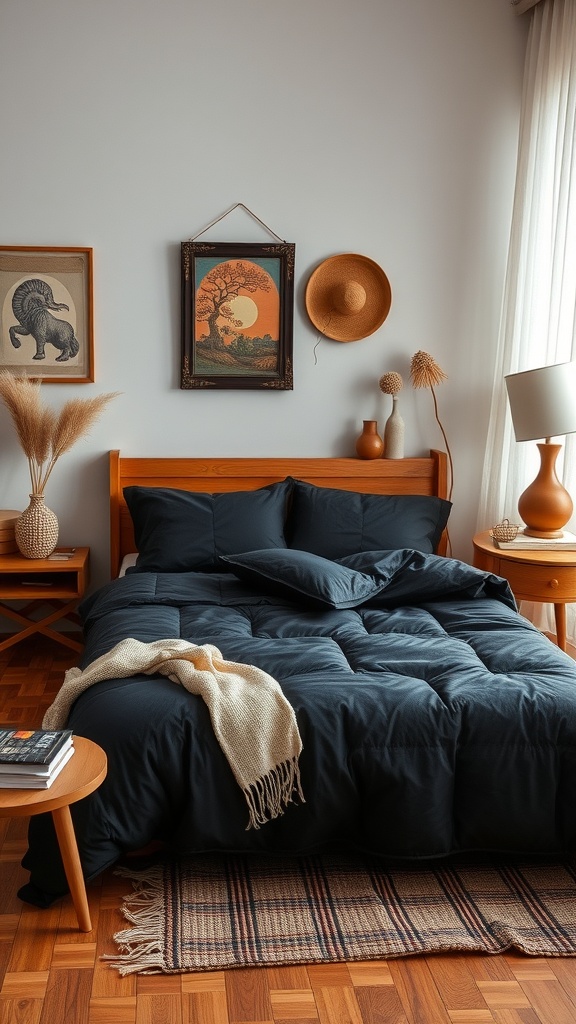 A cozy bedroom featuring a black comforter, wooden furniture, and warm earthy tones.